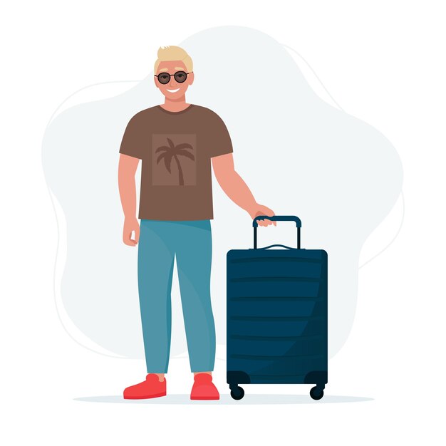 Man met een koffer. Vakantie, tijd om concept illustratie in vlakke stijl te reizen