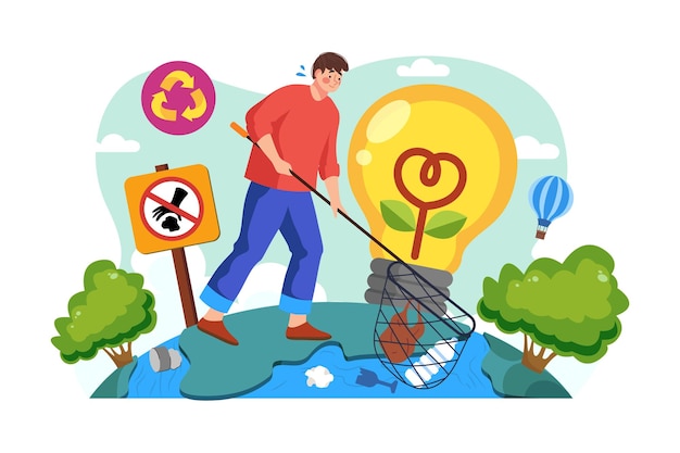 Man met een net vangt drijvend plastic uit de rivier Illustratie concept op witte achtergrond