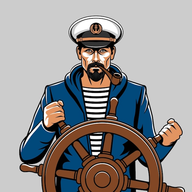 Vector man met een rookpijp in een kapiteinspet aan het roer van het schip
