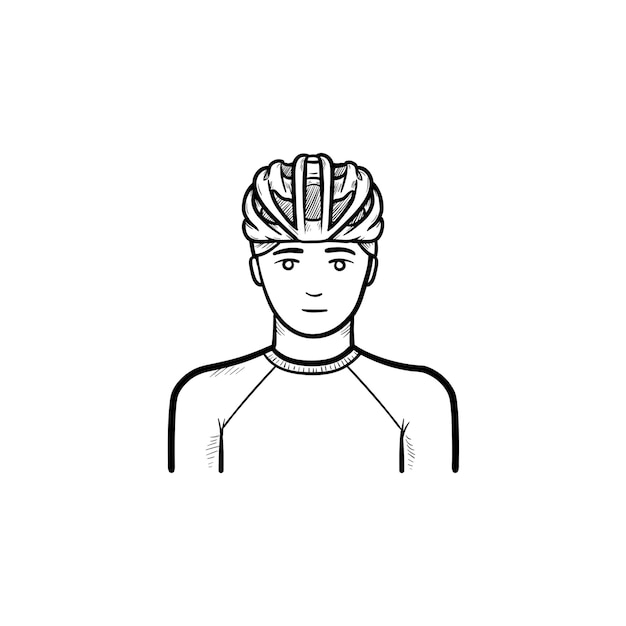 Man met fietshelm hand getrokken schets doodle pictogram. fietsuitrusting, beschermingsconcept voor fietsers