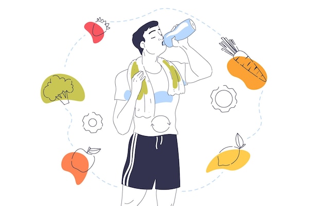 Vector man met gezond eten doodle man in sportieve kleding drinkwater in de buurt van groenten en fruit