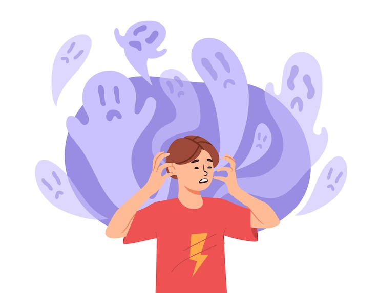 Vector man met hallucinaties in hoofd concept jonge man op de achtergrond van geesten angst en horror paranoia en schizofrenie mentale problemen en psychische stoornissen cartoon platte vectorillustratie