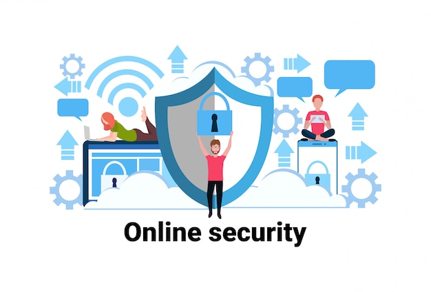 Vector man met hangslot online veiligheidsconcept privacy informatie gegevensbescherming web