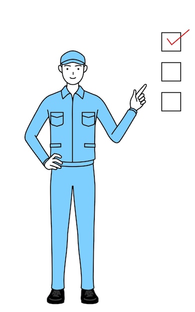 Man met hoed en werkkleding die naar een checklist wijst