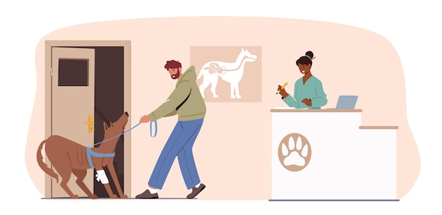 Man met hond op bezoek bij veterinaire kliniek, eigenaar trekt onwillige zieke hond de hal in met beheerdersmeisje bij de receptie. dierenziekenhuis, dierengeneeskunde. cartoon mensen vectorillustratie