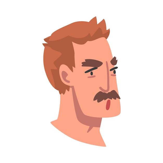 Man met hoofd met snor met fronsende gezichtsuitdrukking Side View Vector Illustration