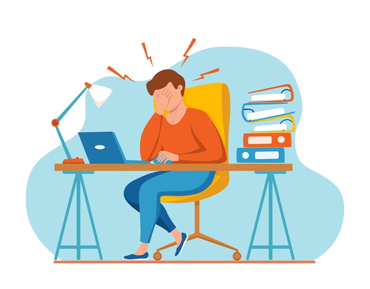Man met hoofdpijn migraine houdt haar hoofd cartoon vectorillustratie Stressed