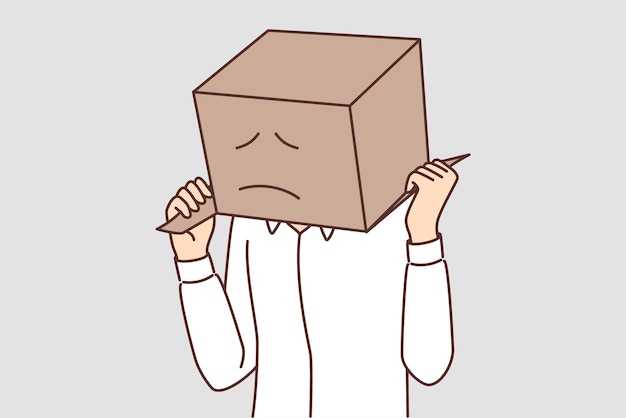 Man met kartonnen doos op hoofd met beschilderd droevig gezicht vanwege problemen met koeriersbedrijf