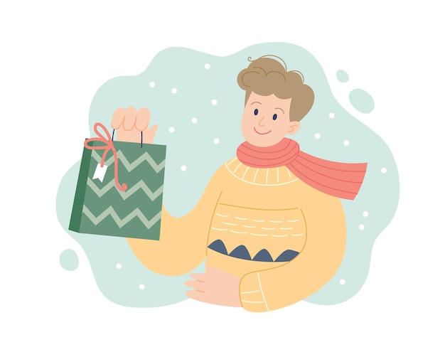 Vector man met kerstcadeau feestelijk winterconcept vectorillustratie eenvoudige stijl