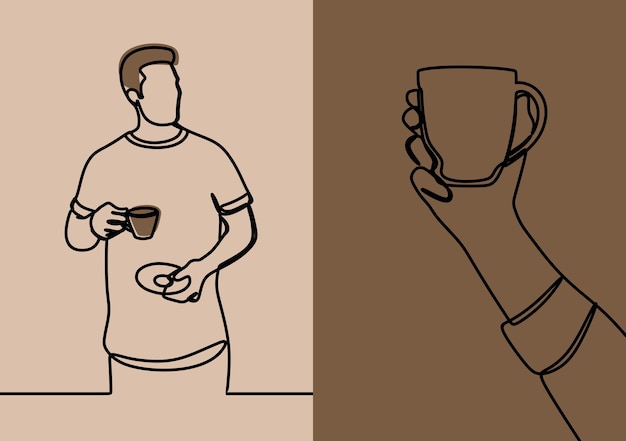 Man met kopje koffie oneline continue lijn kunst premium vector set