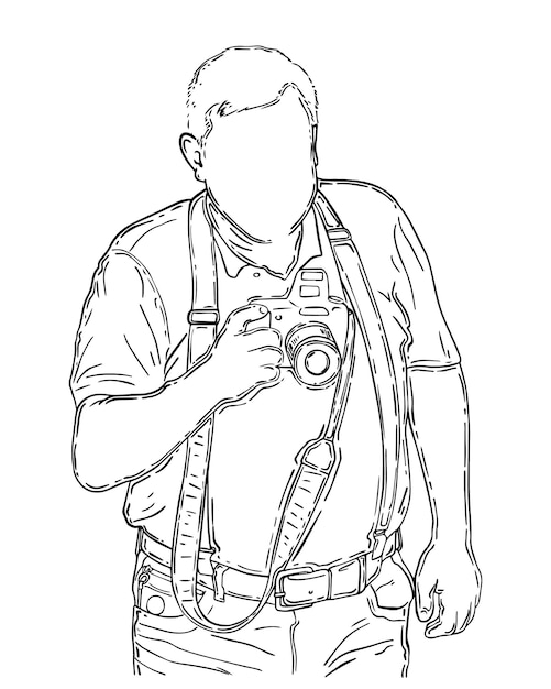 Man met kort haar in een t-shirt en broek met bretels met een camera in zijn hand doodle linear