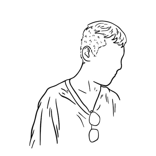Man met kort haar in een t-shirt en een bril doodle lineaire cartoon kleuren