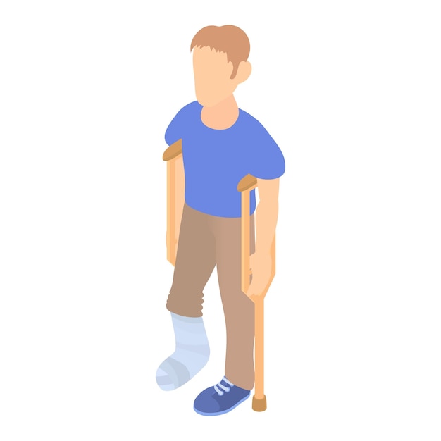 Man met krukken en een pleister op een gebroken been icoon in cartoon-stijl op een witte achtergrond