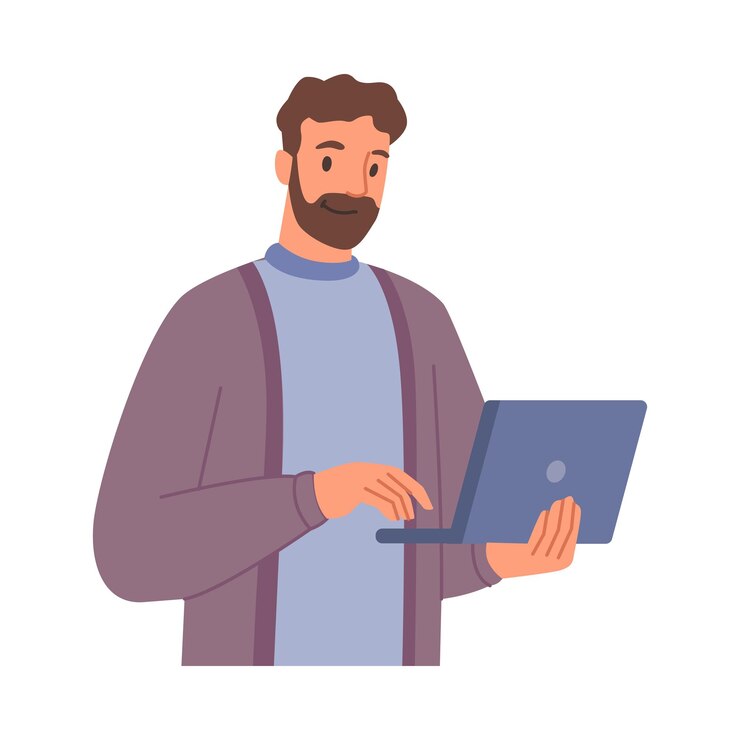 Vector man met laptop bezig met zakelijk project