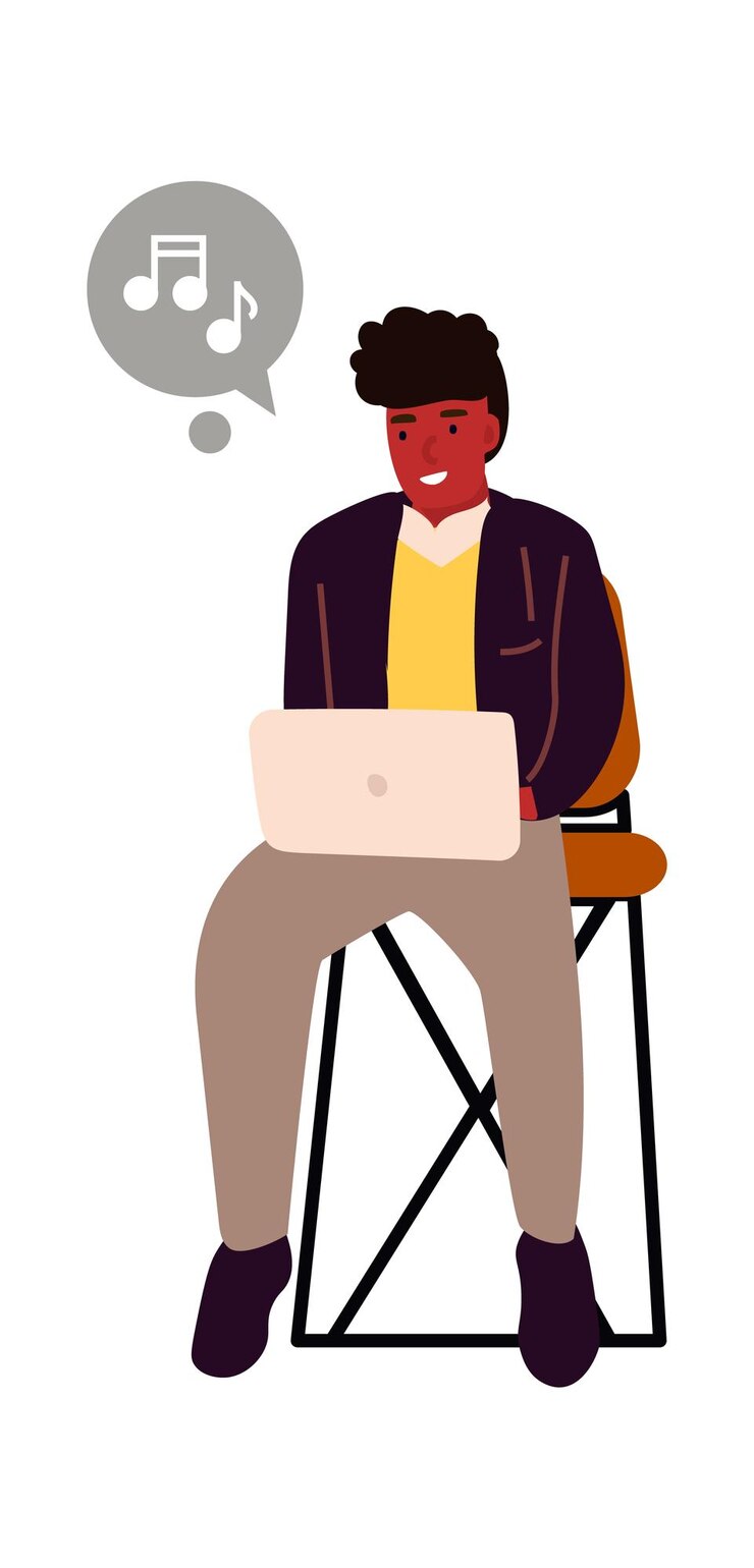 Vector man met laptop cartoon tiener zittend in een stoel en luisteren naar muziek gelukkig karakter genieten van soundtracks en werken op computer vector man en tekstballon met muzieknoten