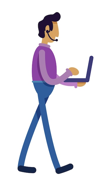 Man met laptop semi-egale kleur vector karakter