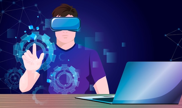 Vector man met laptop werken in vr headset programmeur augment hologram versnellingen infographic web engineer creëren metaverse digitaal technologiesysteem virtual reality 3d ontwerpconcept vector illustratie