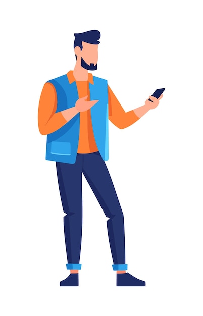 Vector man met mobiele telefoon mannelijk personage met smartphone