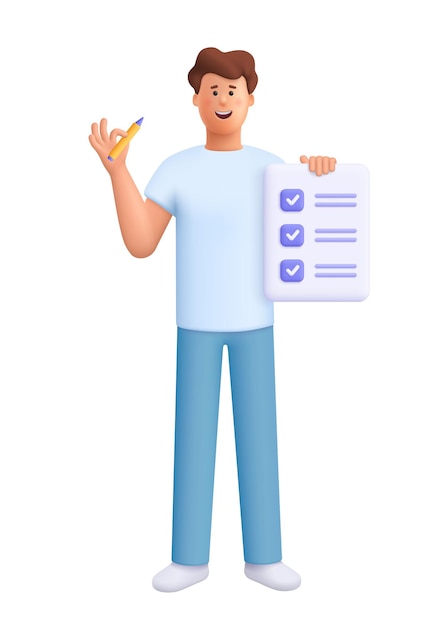 Man met potlood en checklist blad document met checkmerken 3d vector mensen karakter