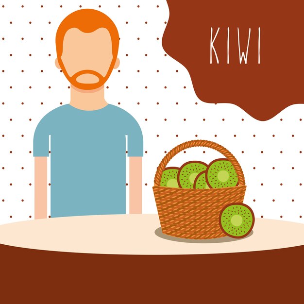 Man met rieten mand gevuld fruit kiwi