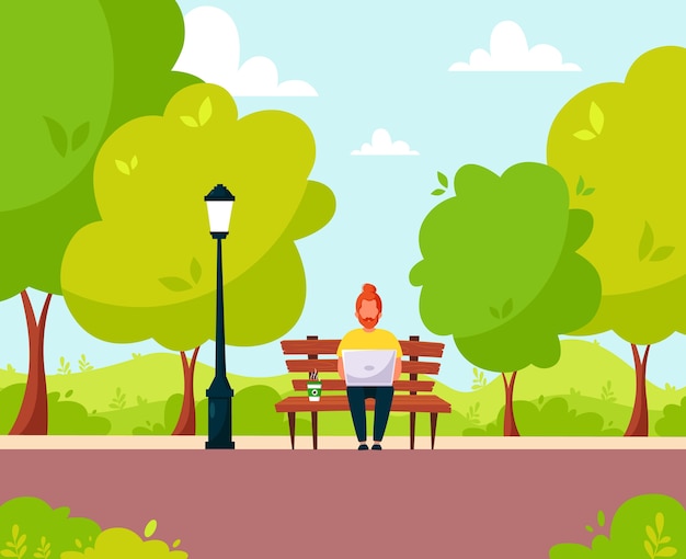 Man met rood haar zittend met laptop in het park. mensen activiteit in het park. freelance, e-learning, werk op afstand concept. illustratie in een vlakke stijl.