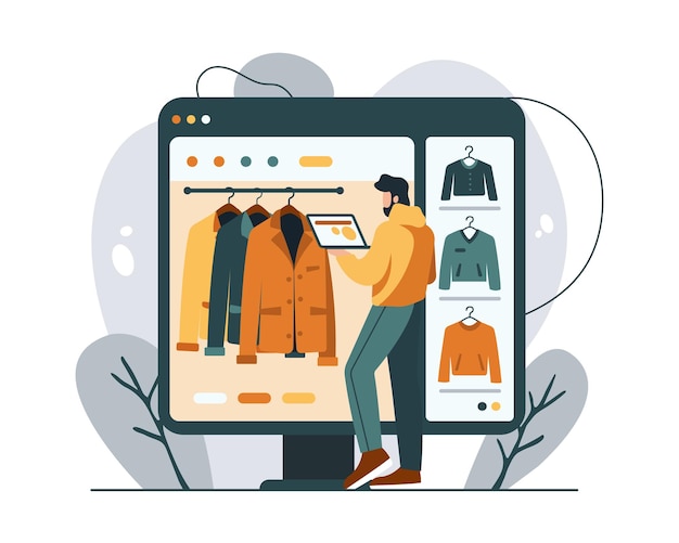 Man met tablet en kleding bestellen in webwinkel Grote verkopen en kortingen tijdens online winkelen Aankoop van goederen via internet Vector platte illustratie in oranje kleuren
