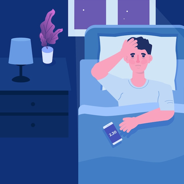 Man met uitputtende slapeloosheid, slaapproblemen. Man probeert op bed te slapen.