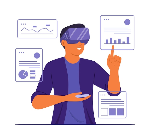 Vector man met virtual reality-headset voor het bekijken van de infographic en grafiek