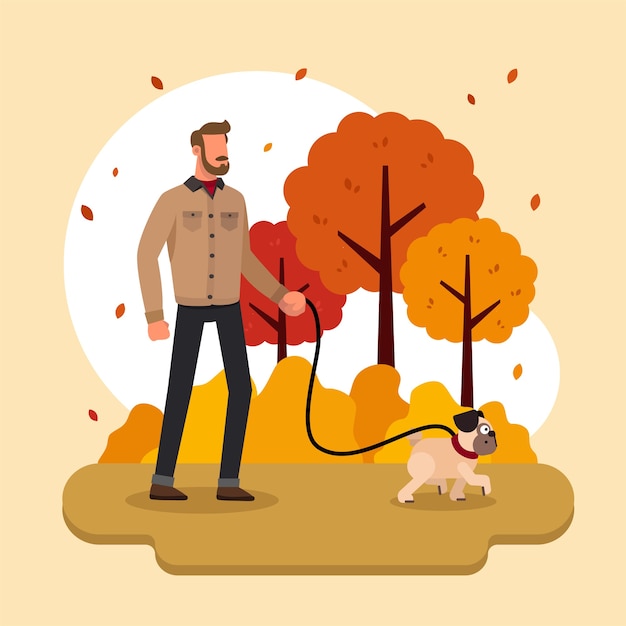 Man met zijn hond wandelen in de herfst