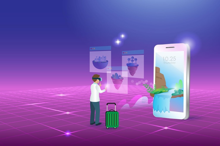 Vector man in metaverse virtual travel sightseeing guide for virtual trip technology in cyber space