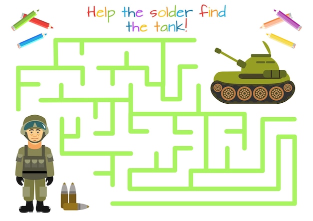 Vector man in military uniform soldier educational game for children labyrinth maze