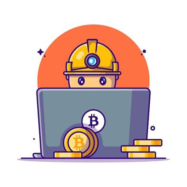 Man mining bitcoin with laptop cartoon illustrations