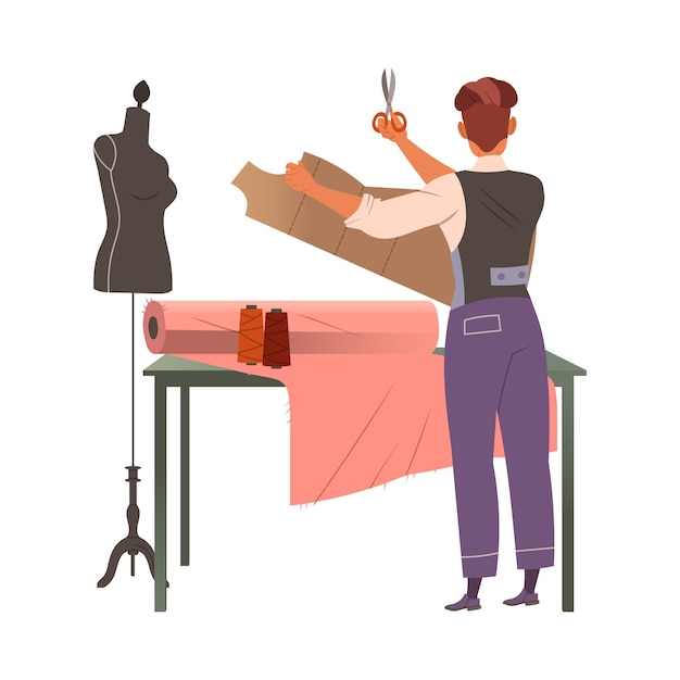 Man Modeontwerper of kleermaker met schaar Snijdpatroon van kleding Kledingmodel Vectorillustratie