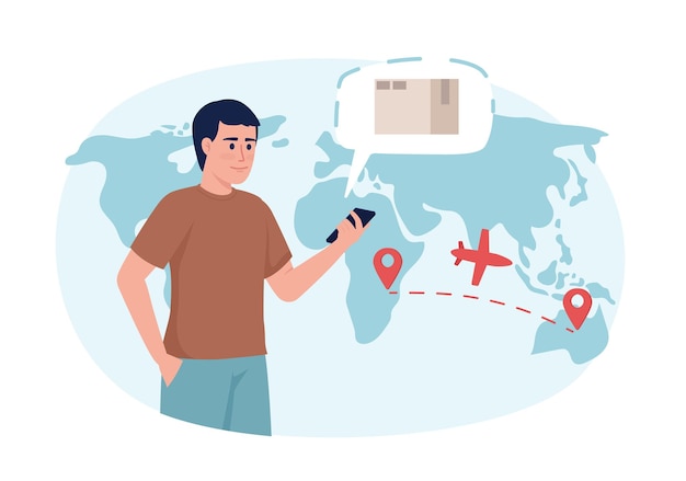 Vector man monitoring parcel flight with mobile phone flat concept vector illustration