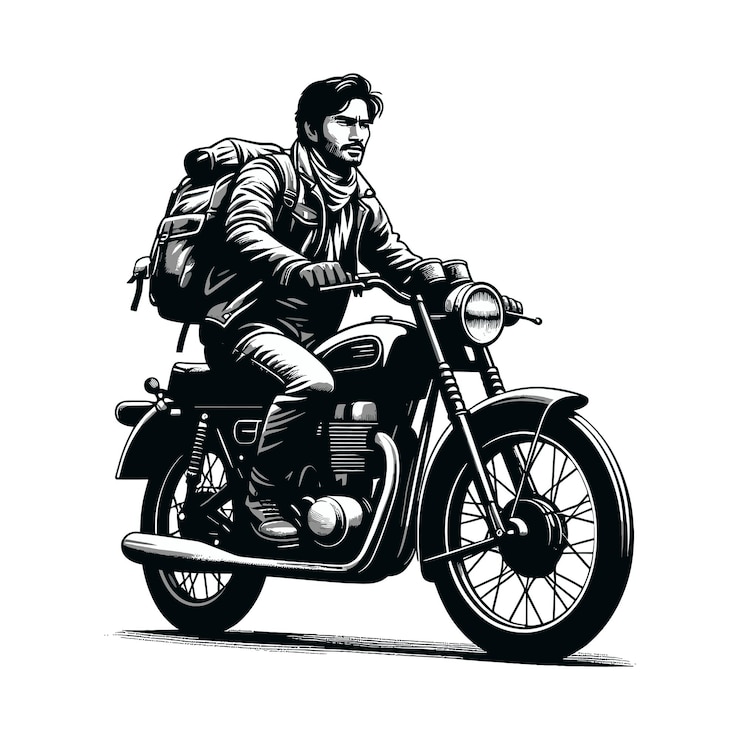 Vector a man on a motorcycle with a backpack on his back biker man with his motorbike