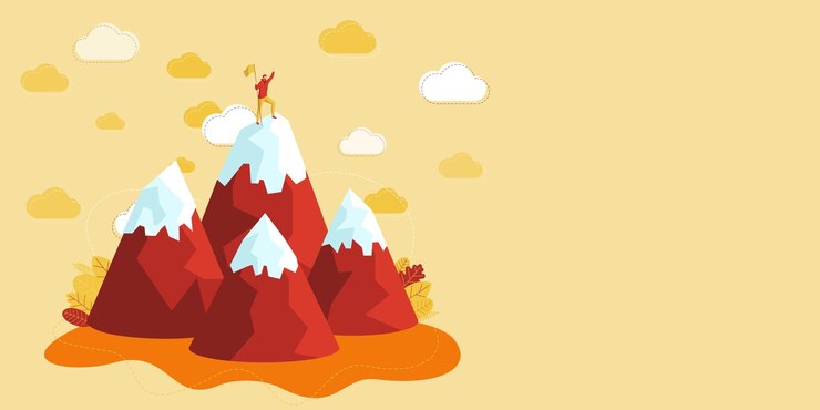 Vector 구름에 자신의 등반 성공을 자랑스럽게 그리는 산에 남자