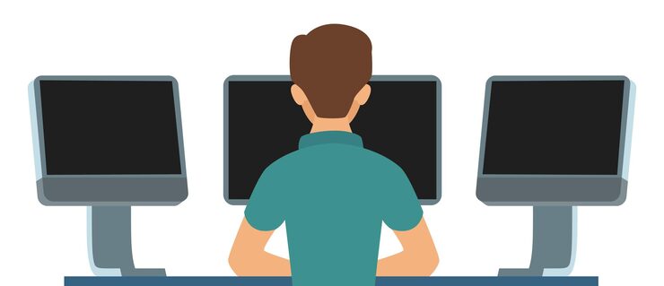 Vector man at multiple monitors finance trader code programmer computer operator security ahead computers screens monitoring character