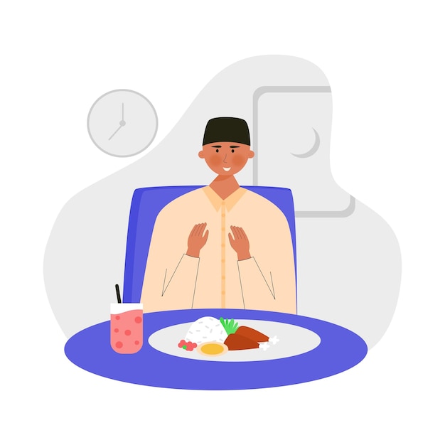 Мужчина или мусульманин молится перед едой во время ифтара в месяц Рамадан.
