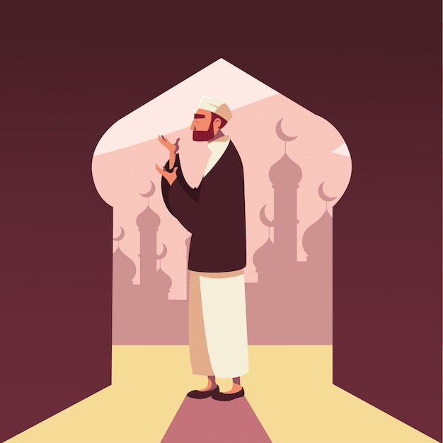 Vector man muslim praying in mosque, ramadan kareem