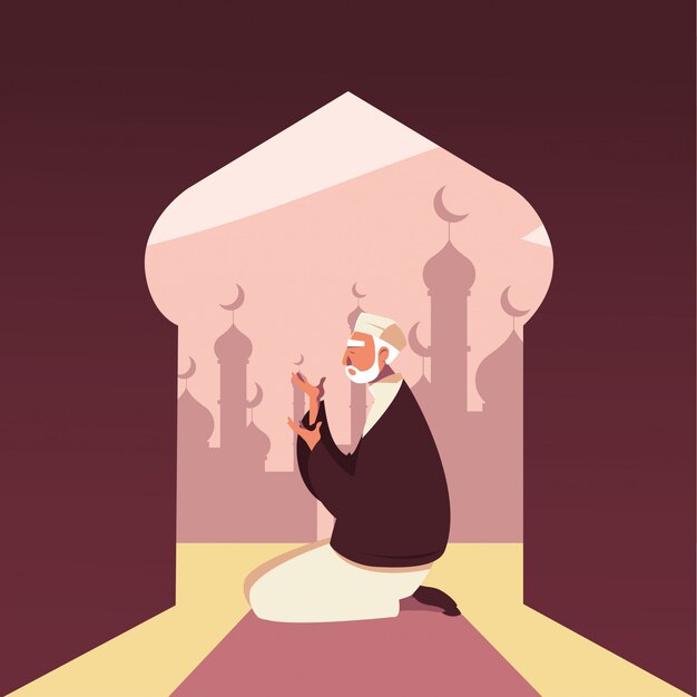 Vector man muslim praying in mosque, ramadan kareem