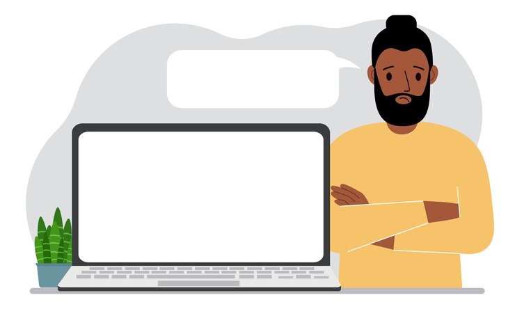 Vector a man near a laptop stands with his arms crossed there is a white cloud for writing text from his mouth vector flat illustration