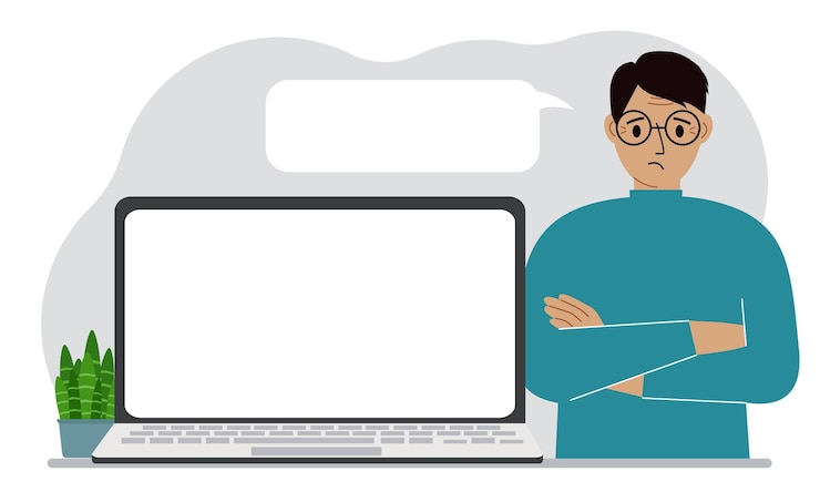 Vector a man near a laptop stands with his arms crossed there is a white cloud for writing text from his mouth vector flat illustration