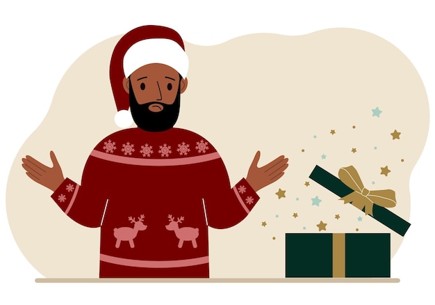 Vector a man near an open christmas or new year's gift gift box for winter holidays