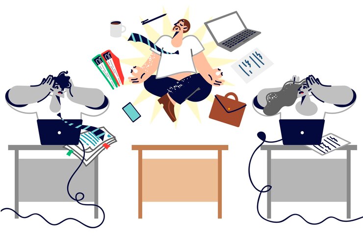 Vector man office worker meditation at workplace levitating during yoga class near shocked colleagues