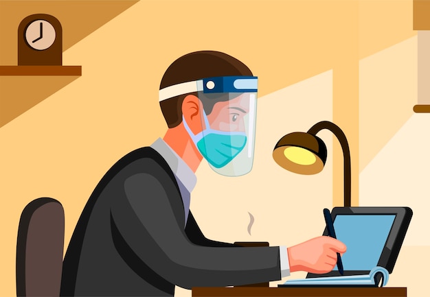 Man office worker wearing mask and face shield from side view.  people work and study in new normal activity scene  in cartoon illustration   with background