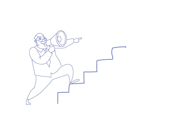 man omroeper houden luidspreker klim carrière ladder leiderschap schets doodle