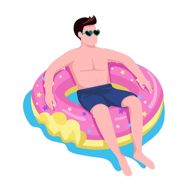 Man ontspannen in donut luchtbed semi egale kleur vector teken zitten figuur Full body persoon op wit Water activiteit eenvoudige cartoon stijl illustratie voor web grafisch ontwerp en animatie