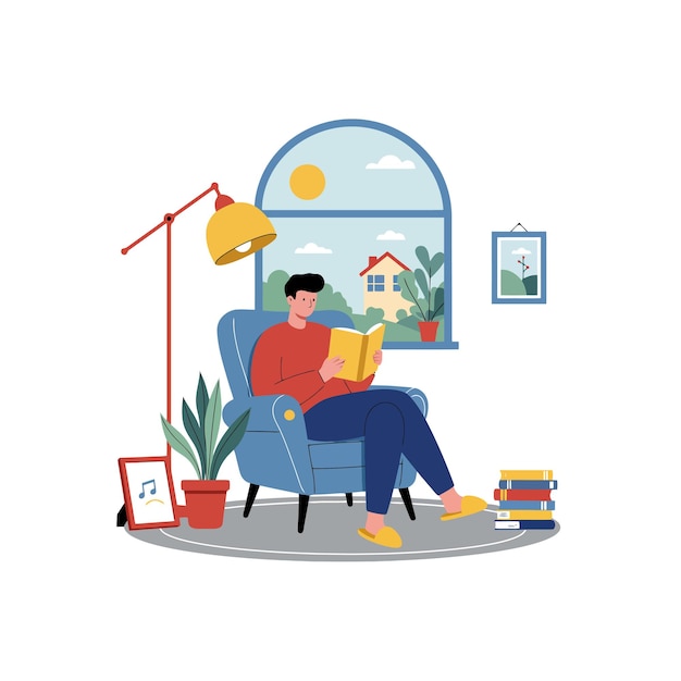 Man ontspant zich in een fauteuil en leest een boek bij het raam