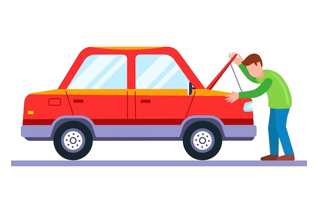 A man opened the hood of a car to fix a vehicle. broken car. flat vector illustration.