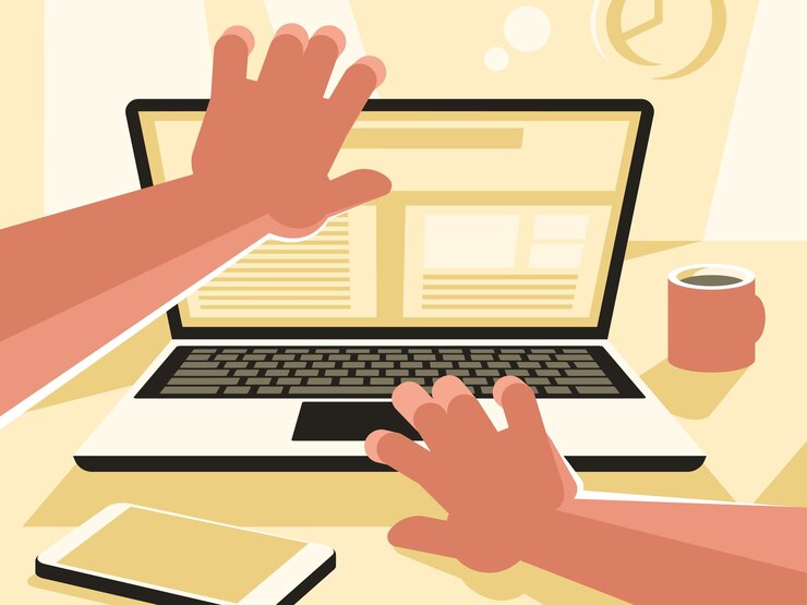 Vector man opening or closing a laptop beginning or ending of work vector illustration